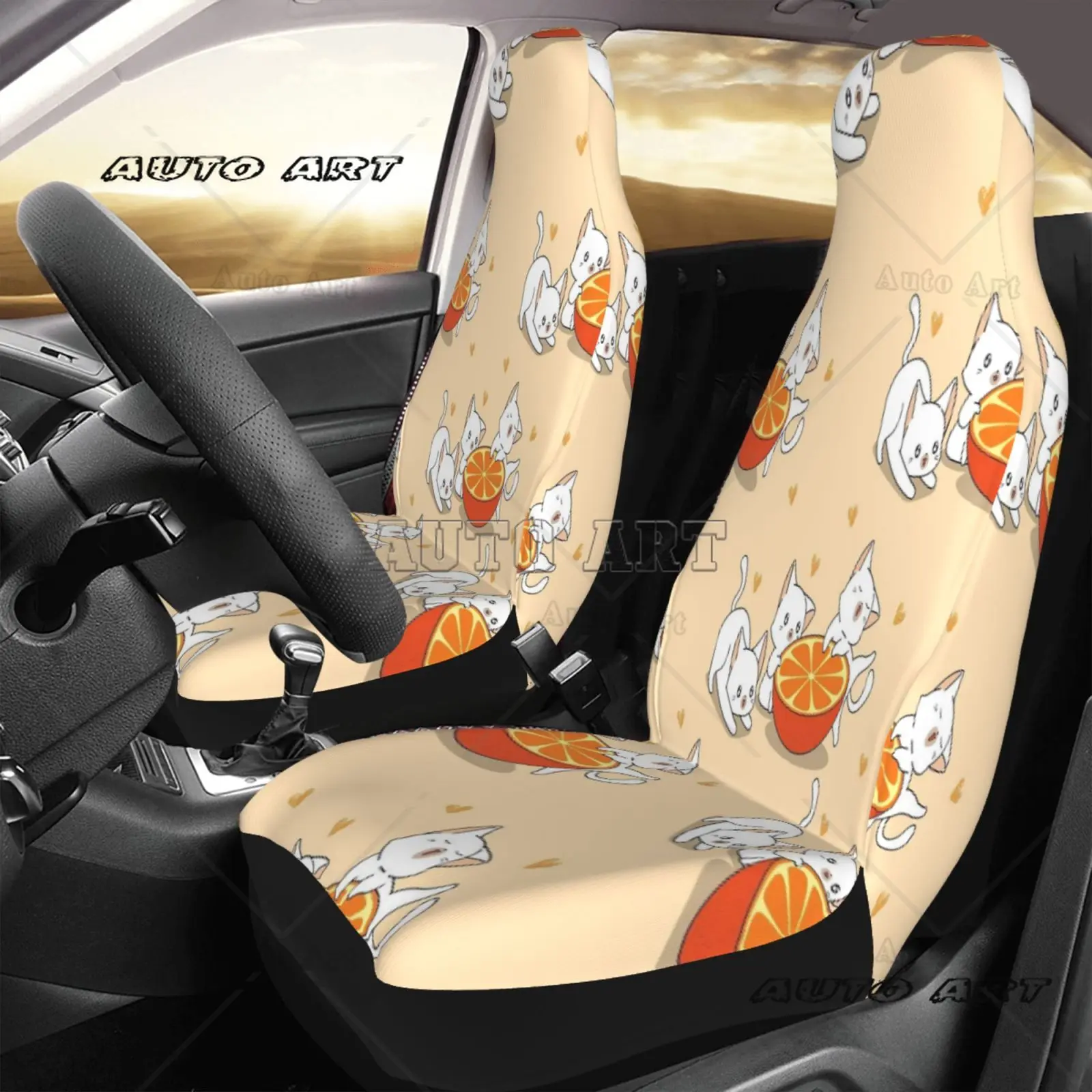 Playing Cat and Orange Pattern Car Seat Cover Protection Kit - 2 Pieces for Seat Protection, Suitable for Both Men and Women