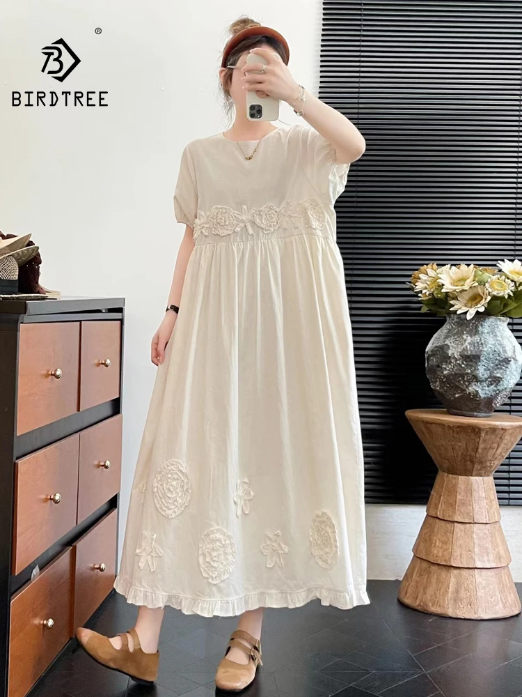 New 2026 Summer Women Cotton Short Sleeve Dresses, O Neck 3D Embroidery Ruffles, Mori Girl Age Reduction Loose Dress D65630CC