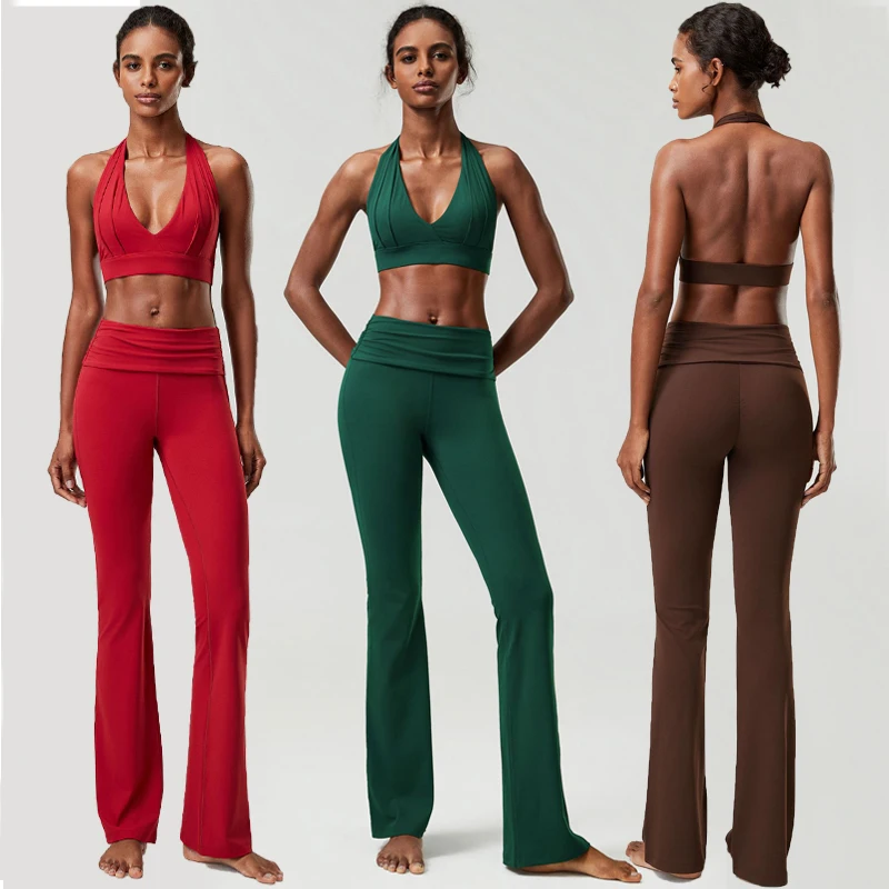Women Soft Strethcy Gym Suit Solid Color High Impact Bra Bell-Bottoms Yoga Set Female Breathable Quick Dry Workout Clothes
