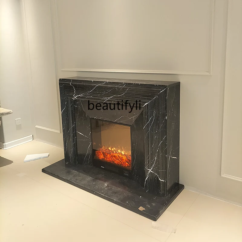 

Marble fireplace American living room background decoration natural black and white root stone fireplace