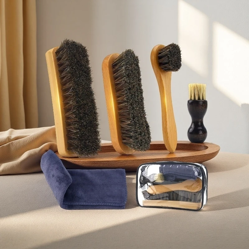 

Horse Hair Shoe Brush Kit for Suede, Faux Leather & Boots Cleaning with Microfiber Cloth & Travel Pouch - Shoe Care Kit