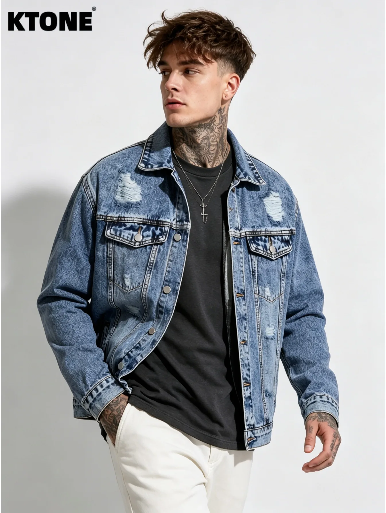 

1PC Men’s Simple Solid Denim Jacket Daily Leisure Outerwear No Extra Decorations Excluding Hoodie Sweatshirt