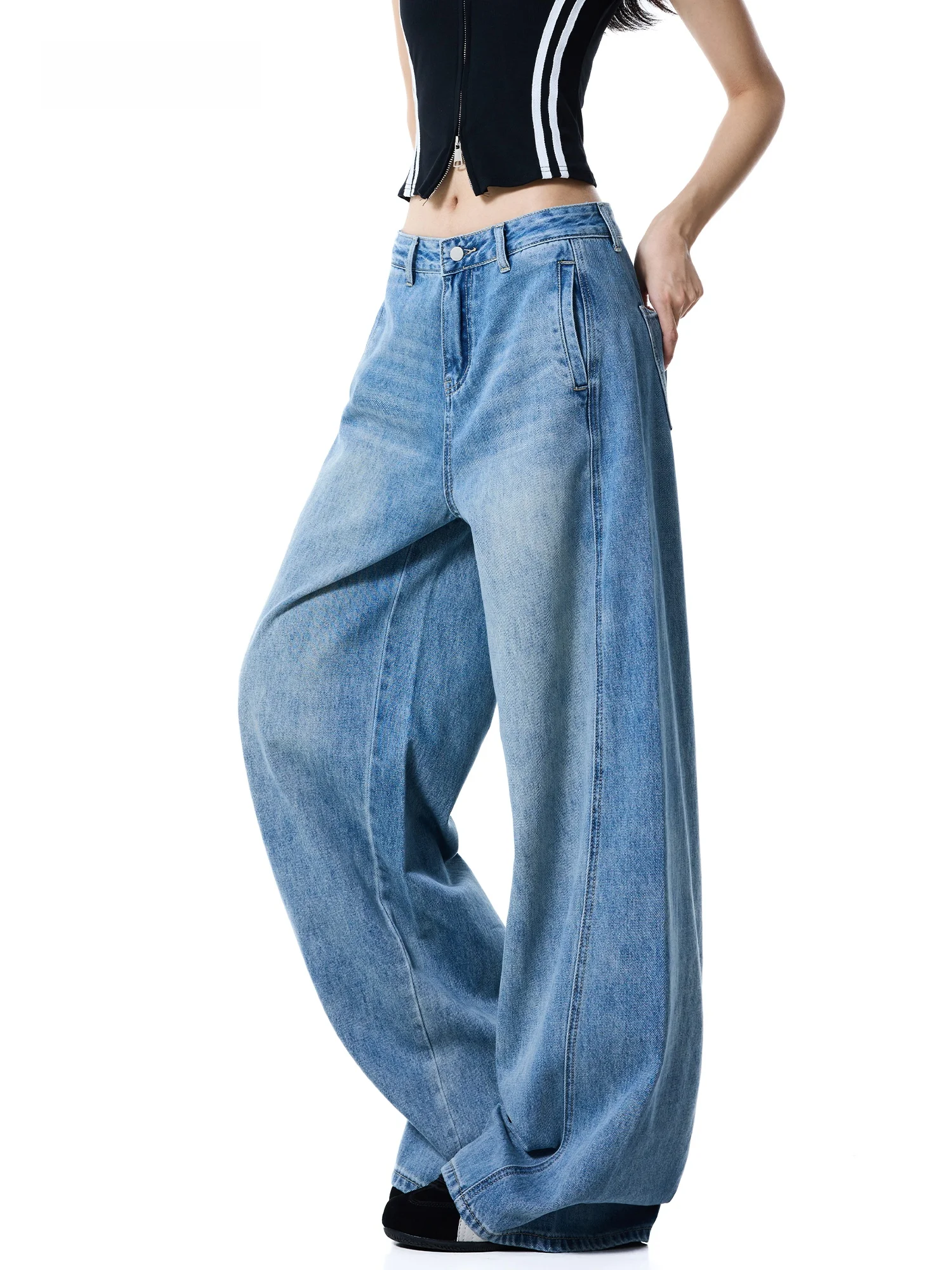 Retro High Waist Wide Leg Denim Jeans Women's Autumn Winter Washed Drapey Slimming Versatile American Style Comfortable Breat...