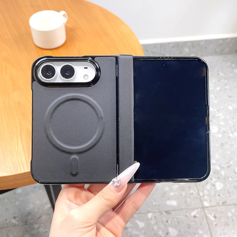 For iPhone Duo Case Luxury Matte Leather Magnetic Wireless Charging Hinge With Tempered Glass Shockproof Back Cover Accessories