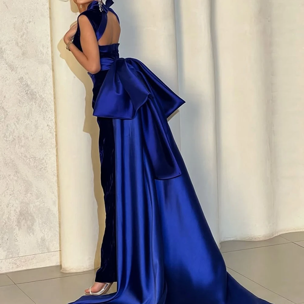 

Customized Mermaid Evening Dresses Floor-length High-neck Sleeveless Prom Gown Fashion Pleat Backless Simple Draped Party Gown