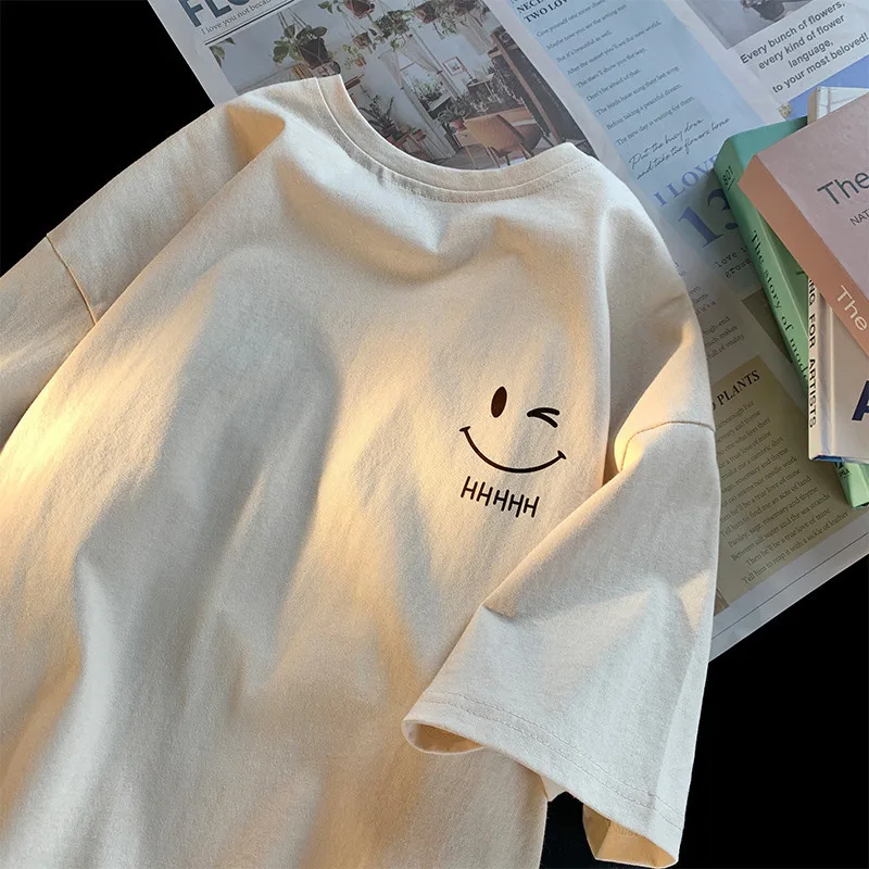

2025 Summer New Unisex Smiley Face Print Long T-shirt Loose, Breathable and Comfortable Suitable for Couples