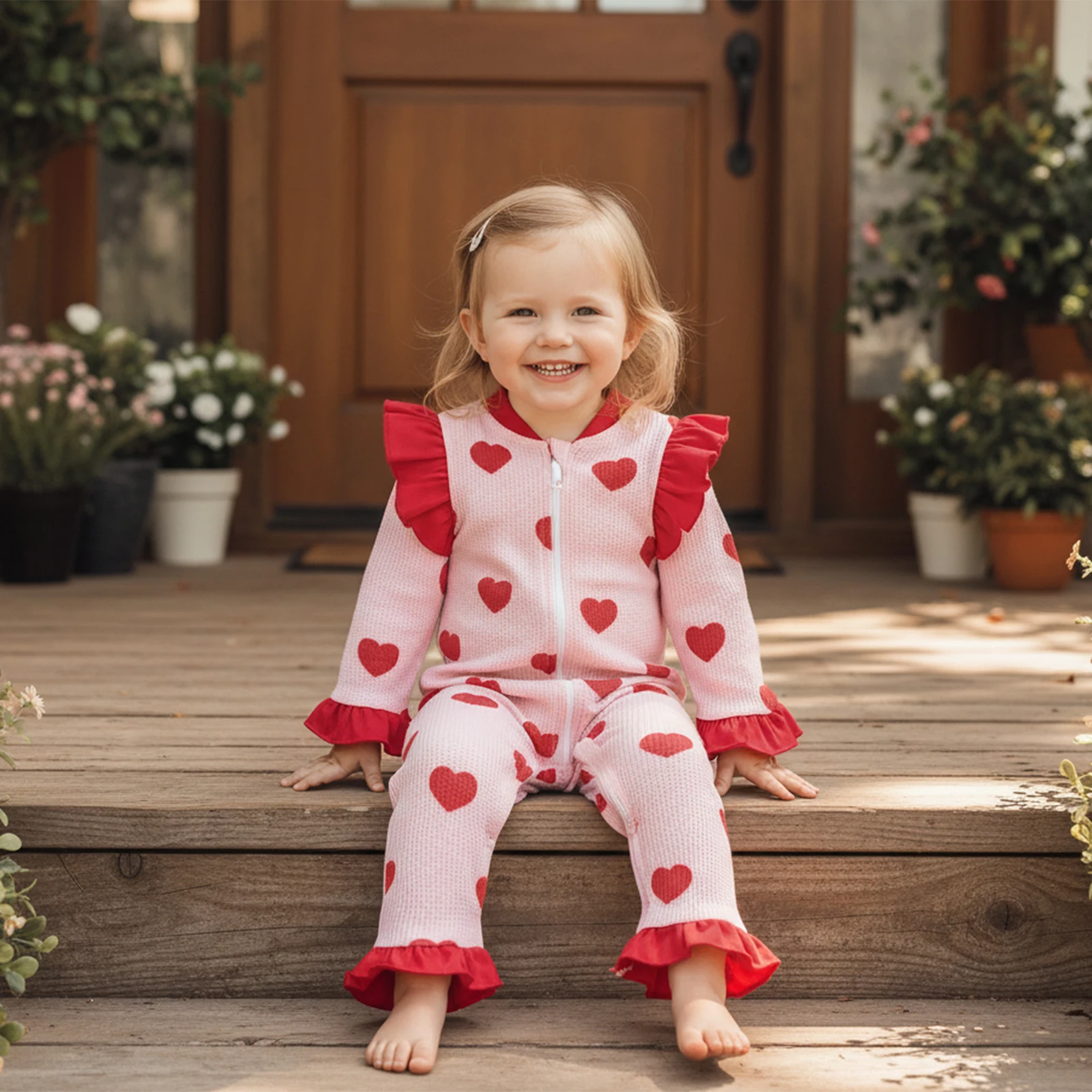 Newborn Baby Girl Valentine's Day Romper Loose Fit Heart Bow Print Ruffled Trim Zip Up Long Flare Sleeve Jumpsuit