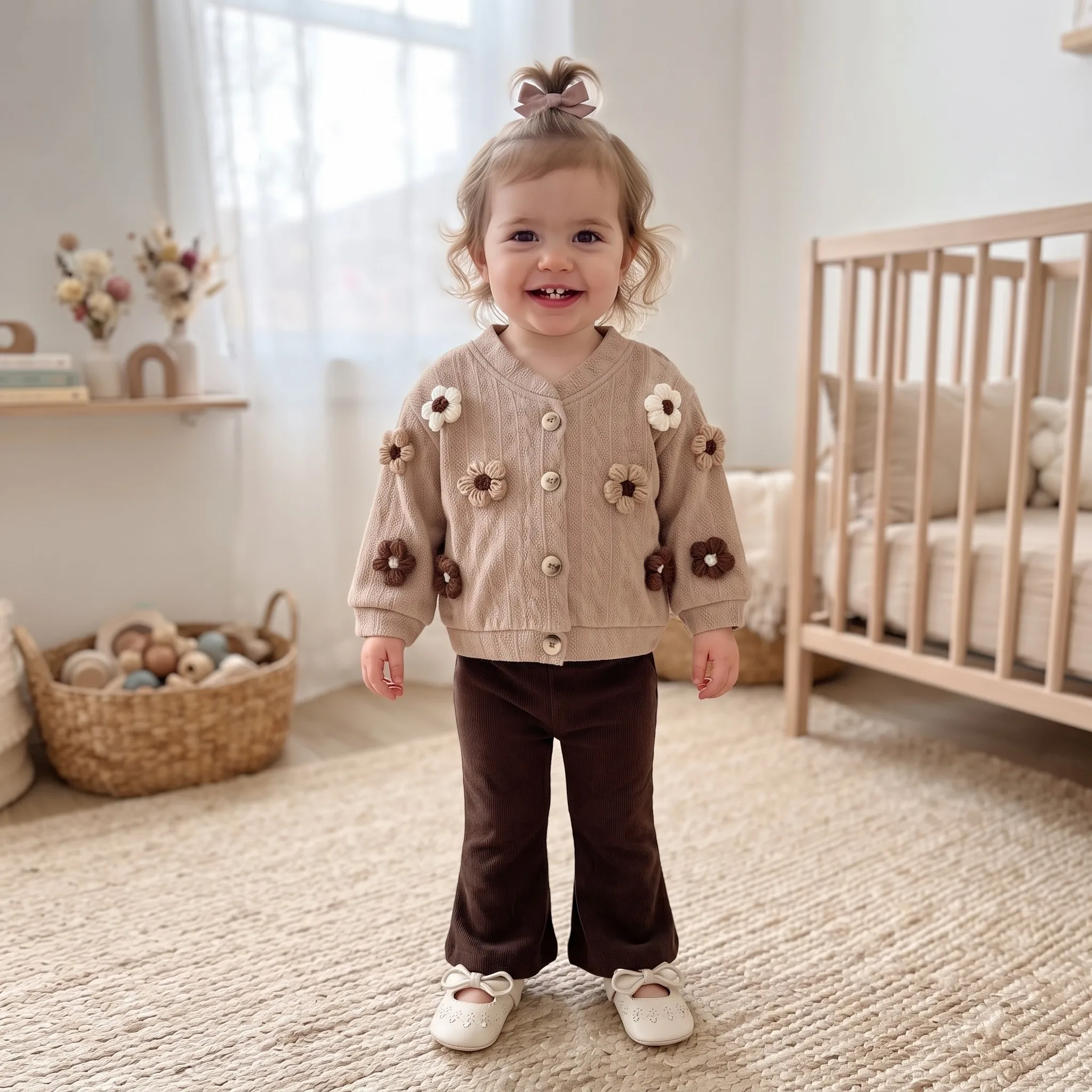 Korean Forest Toddler Girls Knit 2Pcs Set, Handmade 3D‑Flower V‑Neck Cardigan + Daisy‑Embroidery Brown Flare Pants