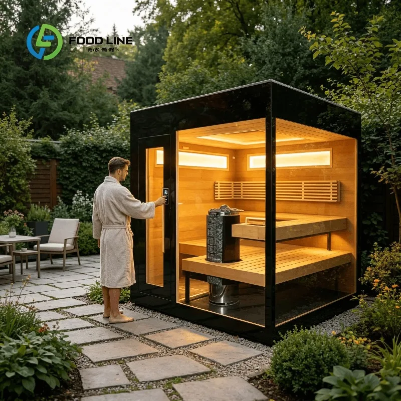 Sauna de Madera Personalizada para Exteriores con Puerta de Vidrio Transparente y Aros Metálicos para Jardín, Spa y Bienestar, Pedidos al por Mayor con Gran Descuento