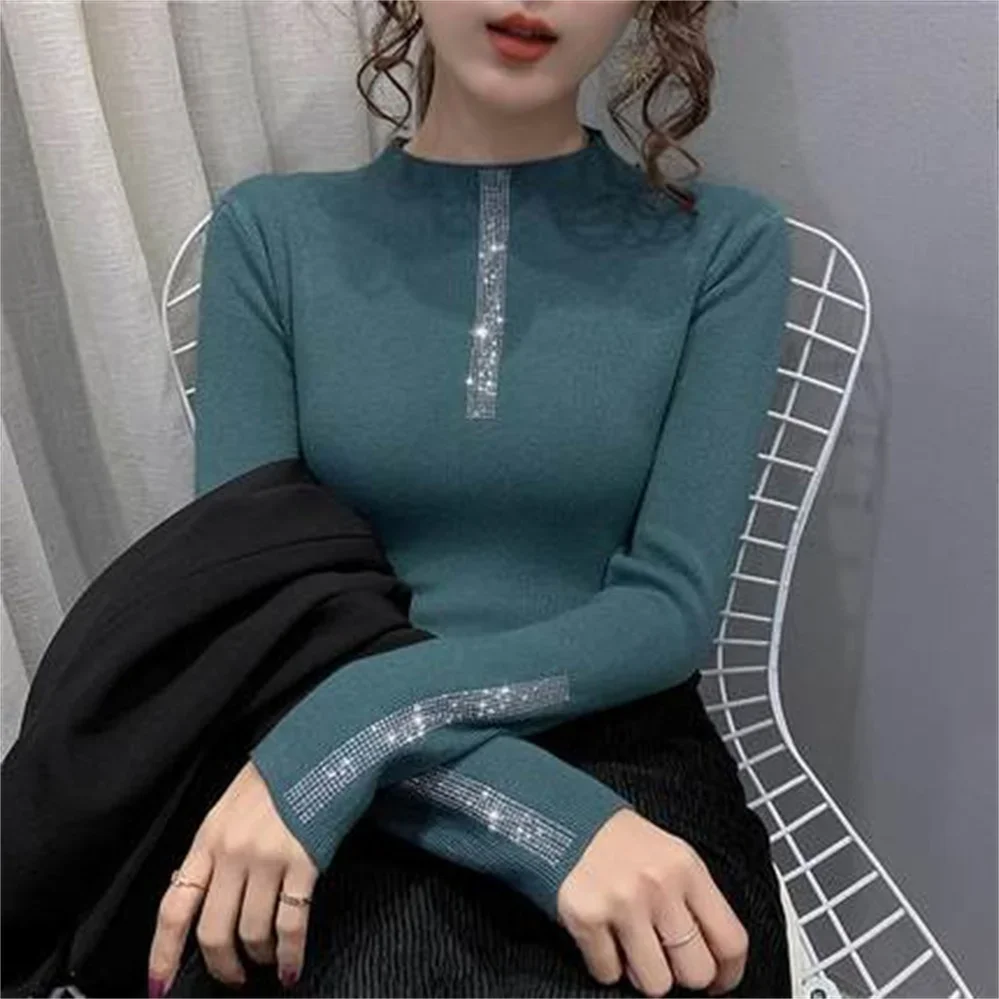 2023 Woman Sweaters Turtleneck Sweater Women's Underwear Fall/Winter Slim Rhinestone Pullover Top Sweater H1104