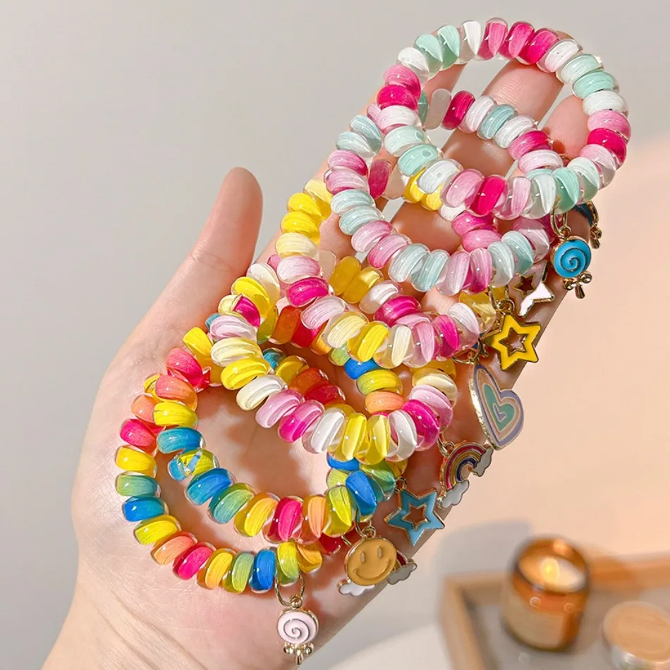 

6Pcs Rainbow Telephone Wire Elastic Hairband Scrunchies Spiral Rubber Band Hair Tie Gum Headband Ponytail Hair Accessories MD05