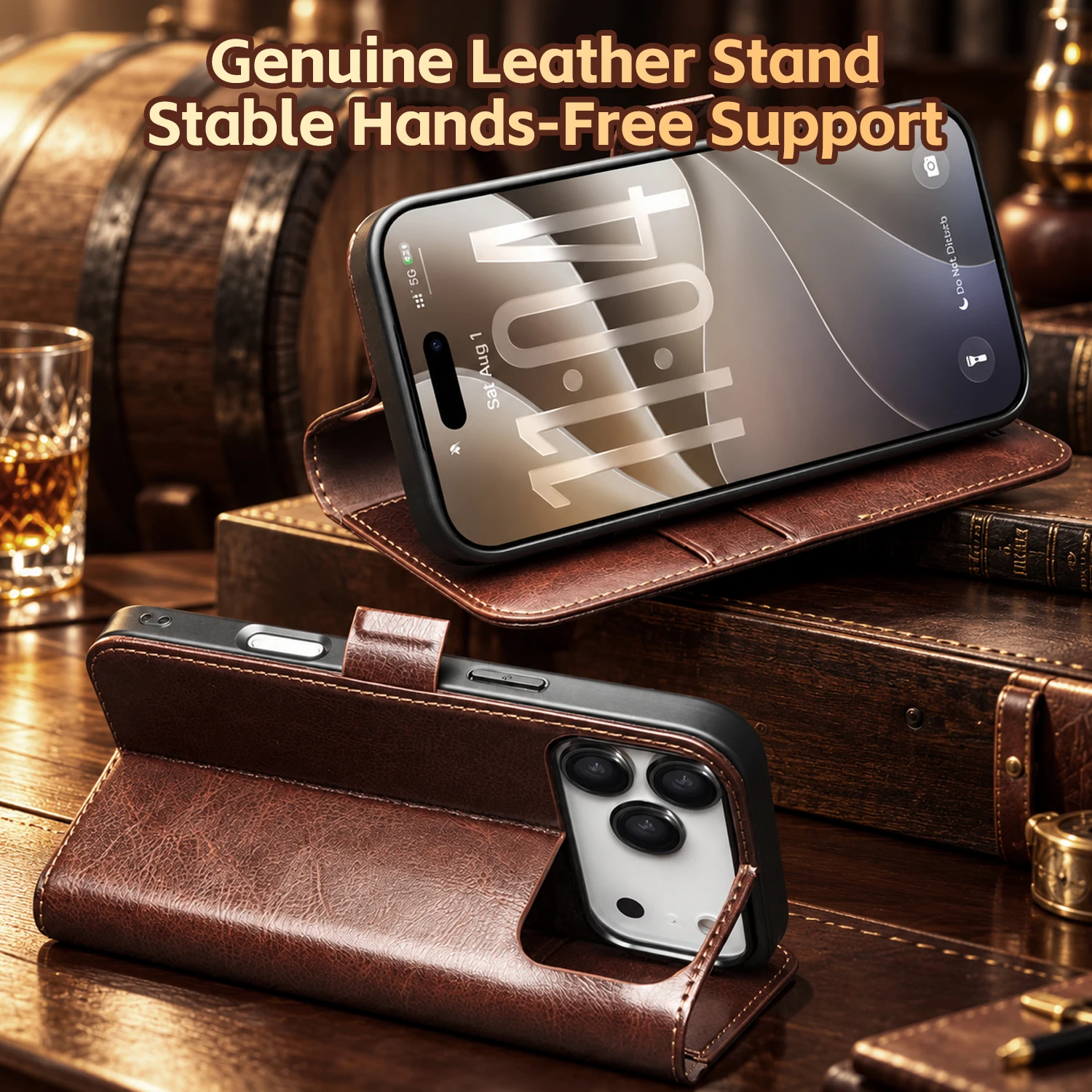 Vintage Genuine Leather Flip Wallet Case for iPhone 18 Pro Max 18 Pro with Card Slots Cash Pocket Kickstand and Magnetic Closure - view 5