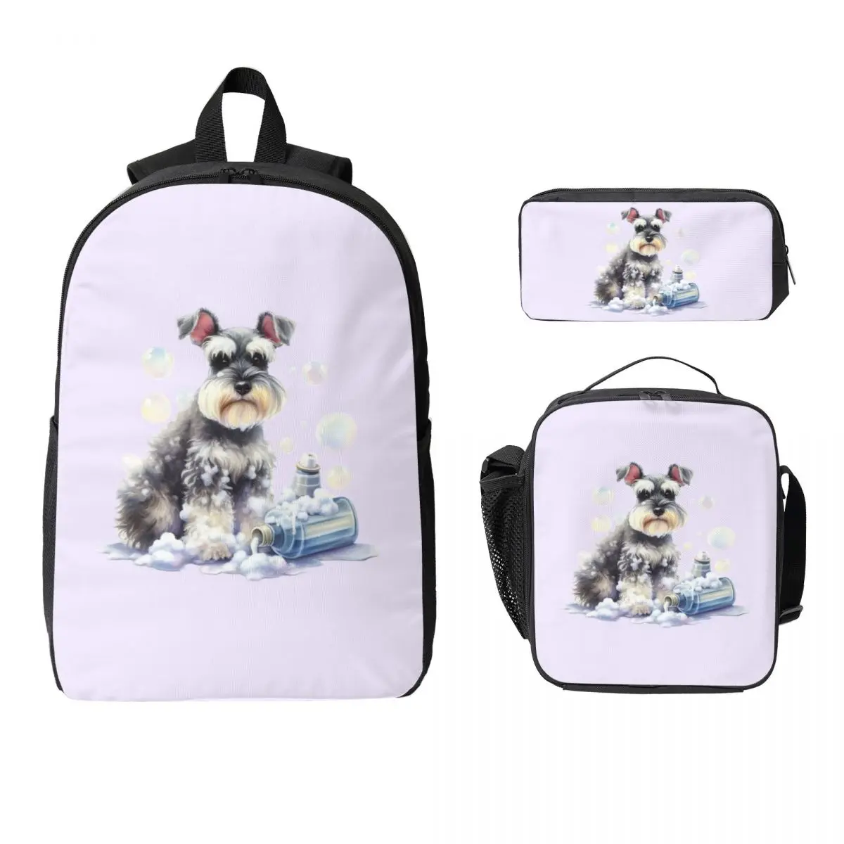 Miniature Schnauzer Bath With Bubbles Backpack Student BookBag School Bag Shoulder Bags 3ps Insulated Lunch Bag Pencil Case