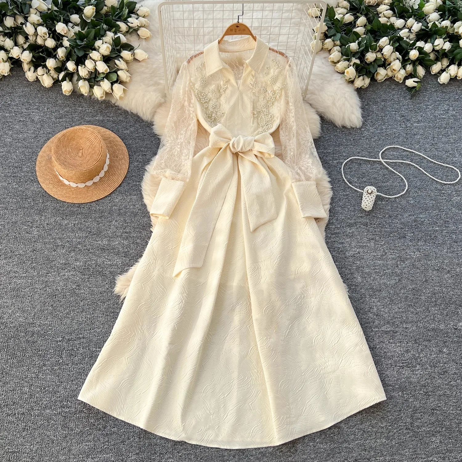 

Apricot Jacquard Floral Beading Lace Dress Women Elegant Long Sleeve Vintage Clothing Lady Streetwear Vestidos Bodycon