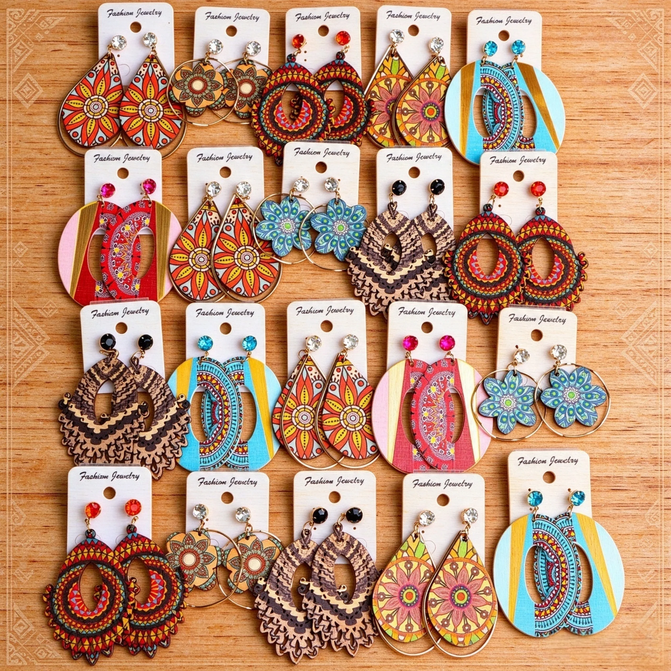 12Pairs/Lot Bohemian Style Colorful Wooden Women's Pendant Earrings Ethnic Geometric Earrings Party Daily Vacation Jewelry Gifts