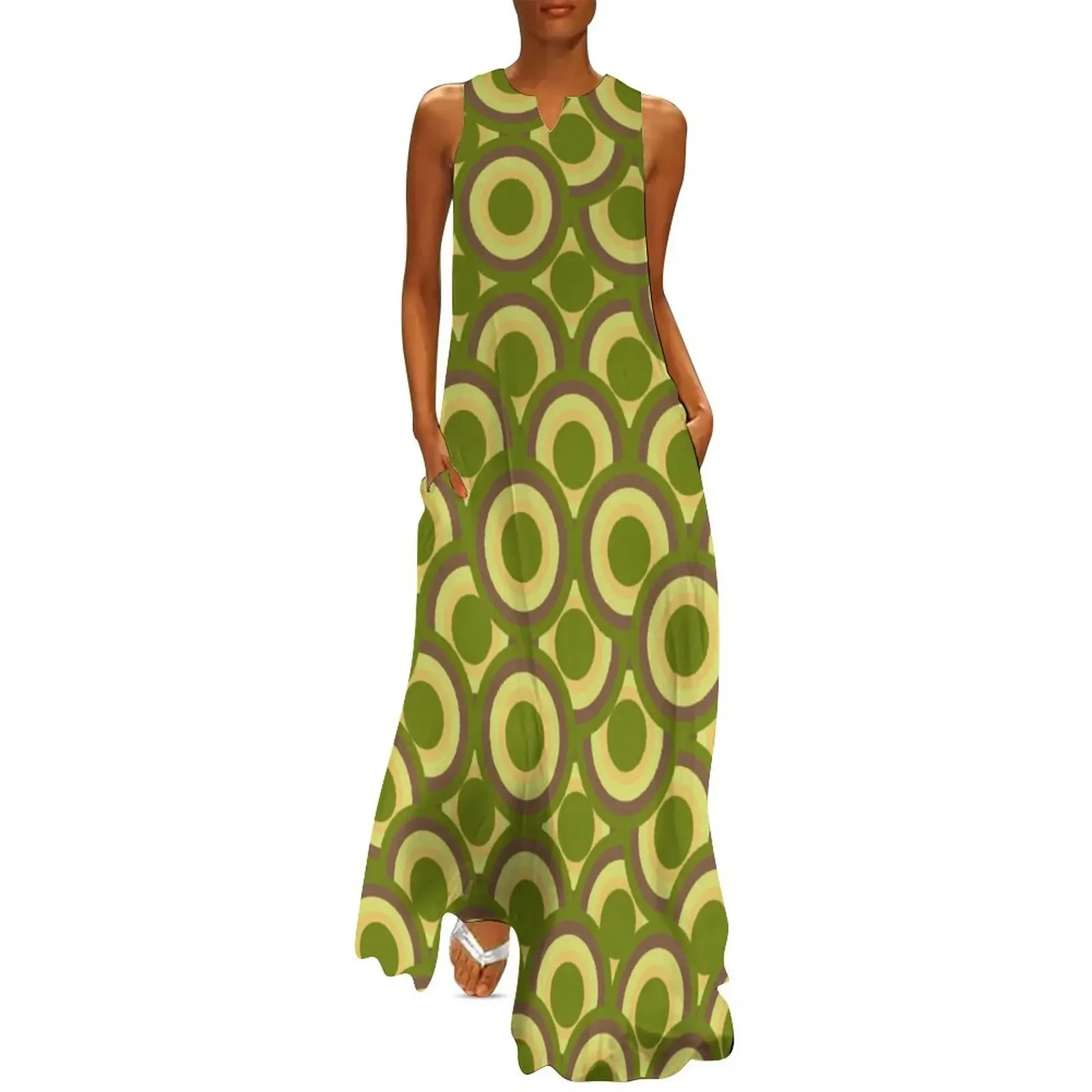 

70s Style Retro Olive Green Graphic Circle/Dot Pattern Long Dress evening dress woman women formal occasion dresses Dress