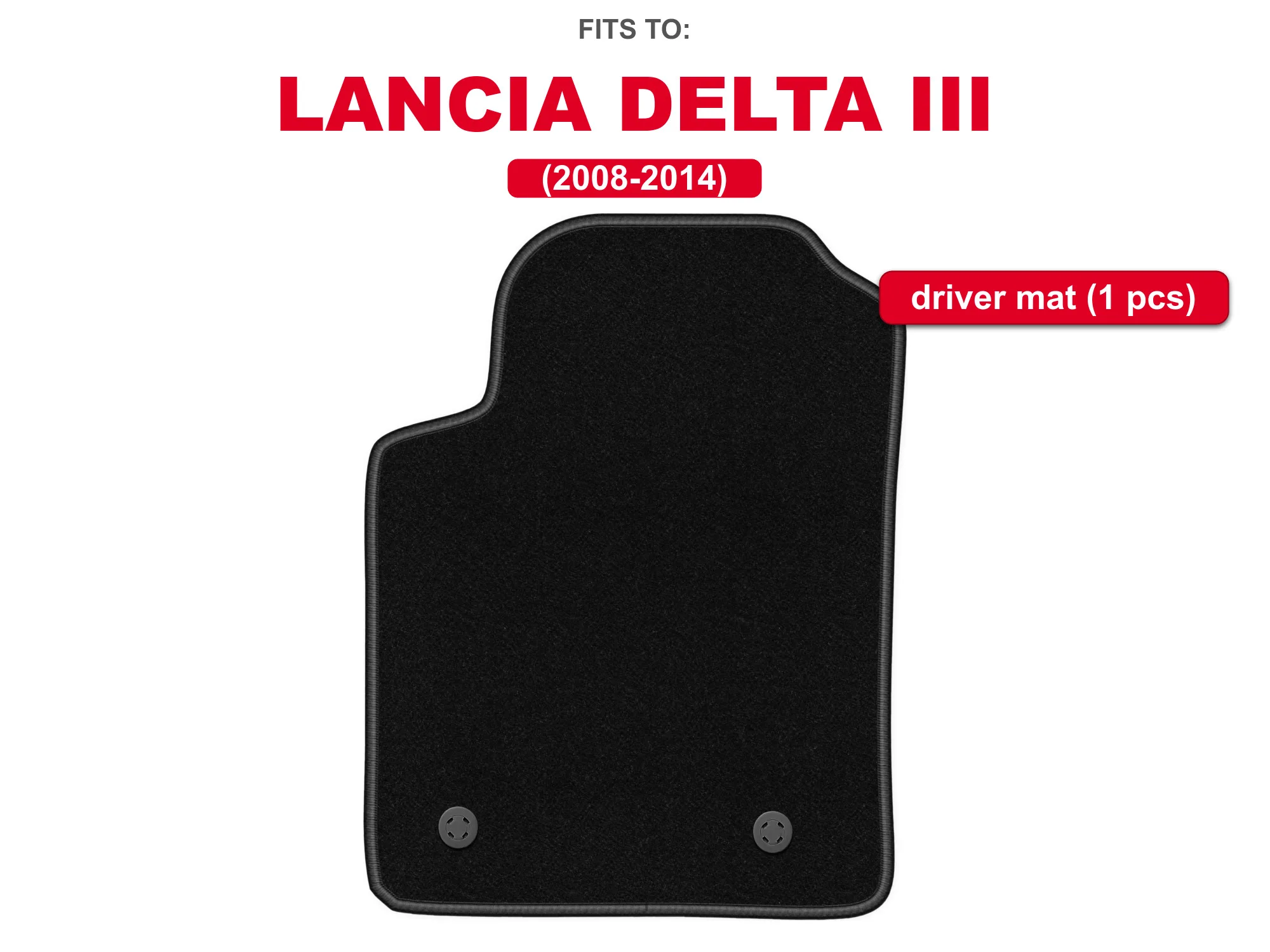 Zwarte velours vloermat voor bestuurderszijde voor: Lancia Delta III 2008–2014 hatchback, auto-voetruimtemat, 1 stuk, bestuurderszijde, op maat gemaakt