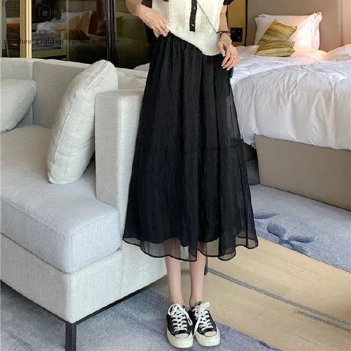 Half Length Skirt for Women In Spring and Summer High-End Feeling Pleated Mesh Medium Length Skirt for Children