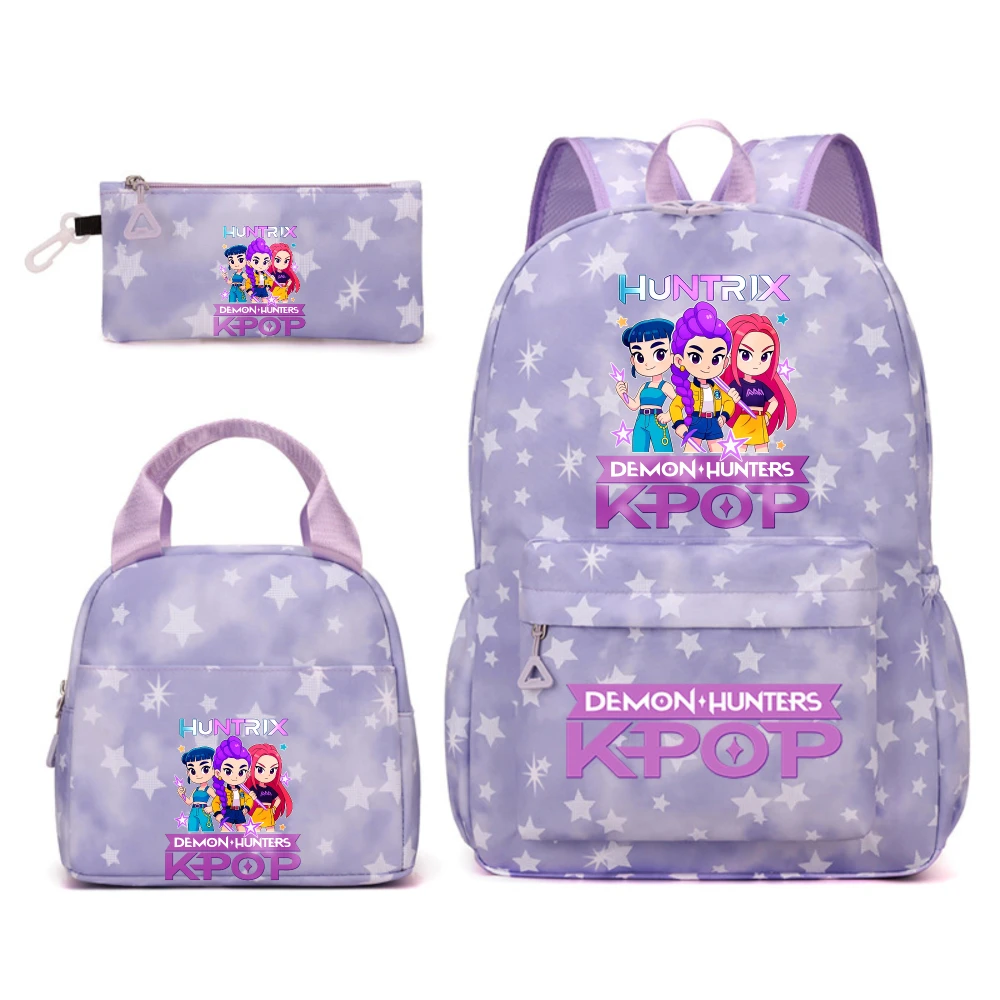 KPop Demon Hunters figura de Anime mochila impermeable de gran capacidad 3 uds mochila bolsa de almuerzo bolsa de lápices regalo para niños