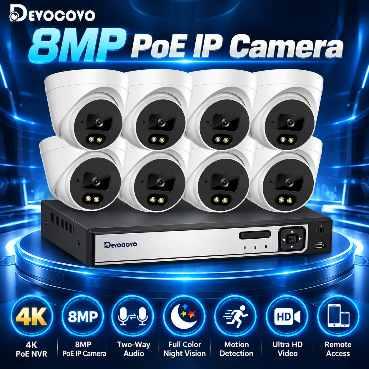4K CCTV POE IP Dome Camera System 2 Way Audio Color Night Vision Indoor Home CCTV Security Camera System Set 8MP 8CH POE NVR Ki
