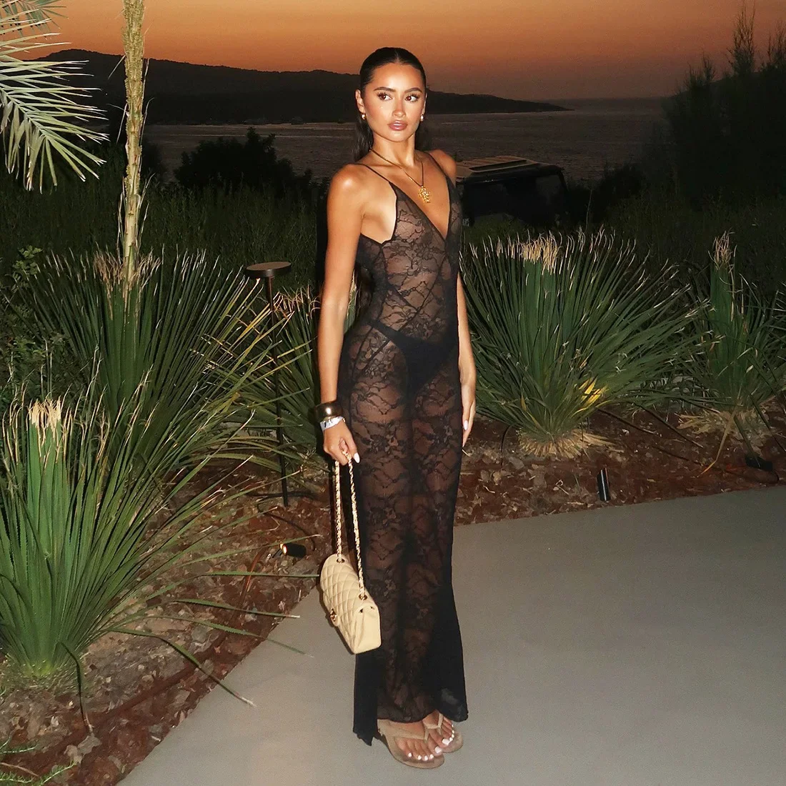 Black Lace See Through Dress for Women Sexy Sheer Backless Slim Maxi Beach Dresses Spaghetti Strap Night Club Party Dress 2025