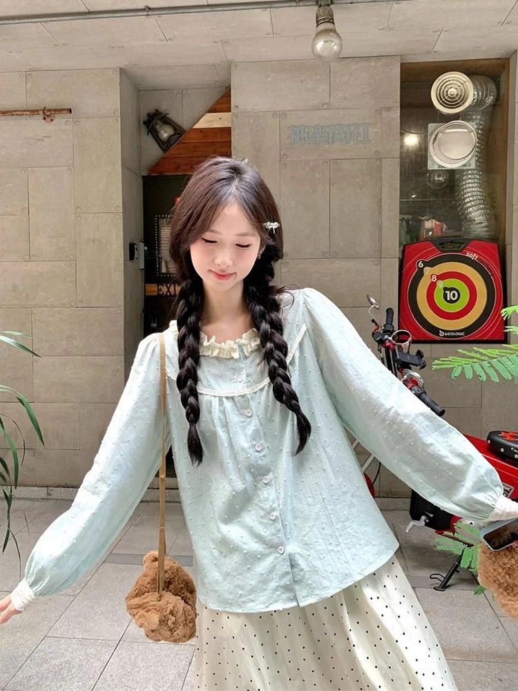 

Korean Sweet Shirts Women Lace Patchwork Long Sleeve Elegant Blouse Loose Preppy Style Female Fashion Green Dot Top Spring