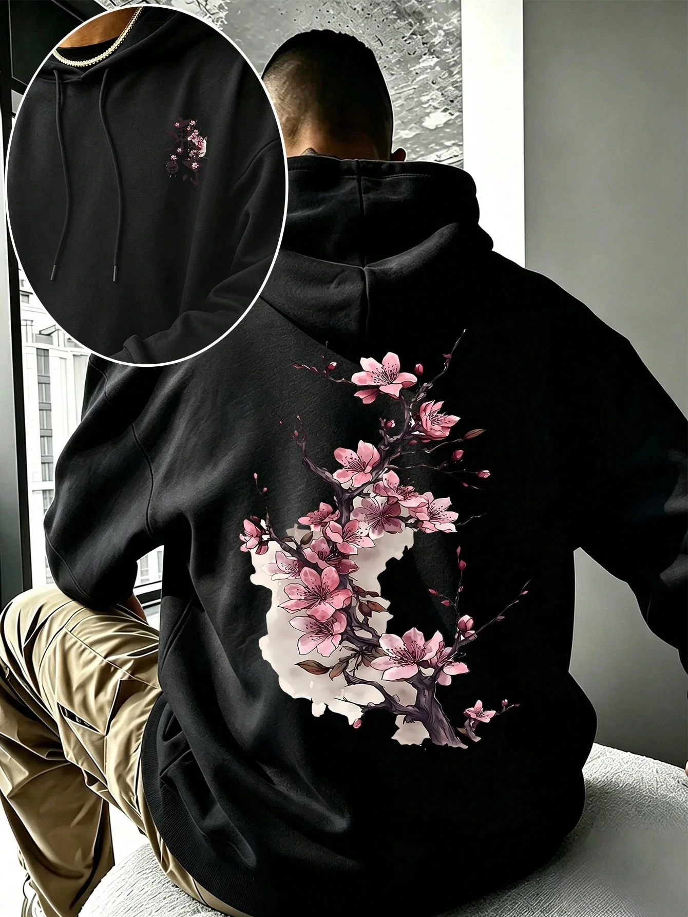 2026 New Unisex Oversized Hoodie Japanese Cherry Blossom Ink Wash Branch Back Print Streetwear Autumn Winter Pullover Sweatshirt