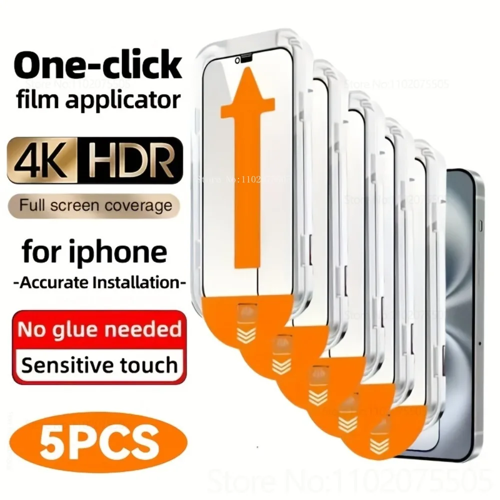 

5Pcs 4K Ultra HD Tempered Glass for IPhone 16/15/14/13 Promax Screen Protector 16E 11 Pro 12Mini XR XS One-Click Film Applicator