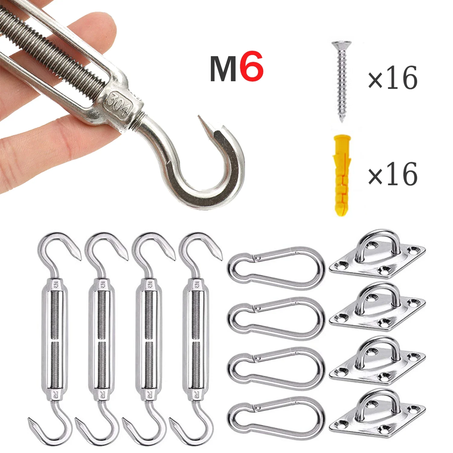 Sun Shade Sail Hardware Install Kit 6 Inch,Stainless Steel Shade Sail Fixing Accessories,Heavy Duty Awning Attachment Set(44Pcs)