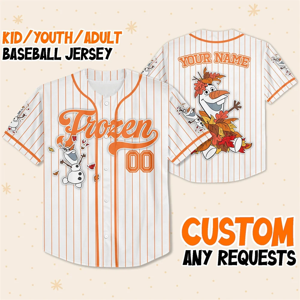 Индивидуальные бейсбольные майки Disney Olaf для детей и взрослых, бейсбольные рубашки Frozen, дорожные футболки Disney