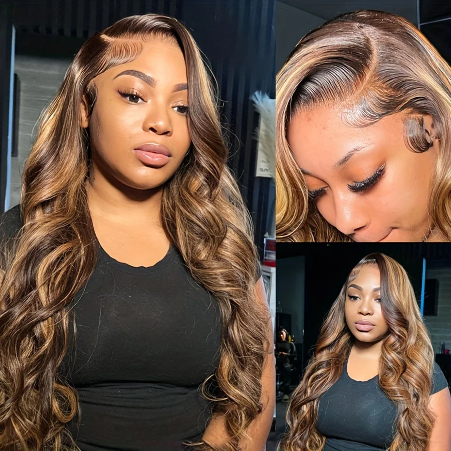 P4/27 Highlight Brown 13x4 Body Wave Lace Front Wigs Human Hair Pre Plucked Hairline Beginner Friendly 150% Density Piano Color