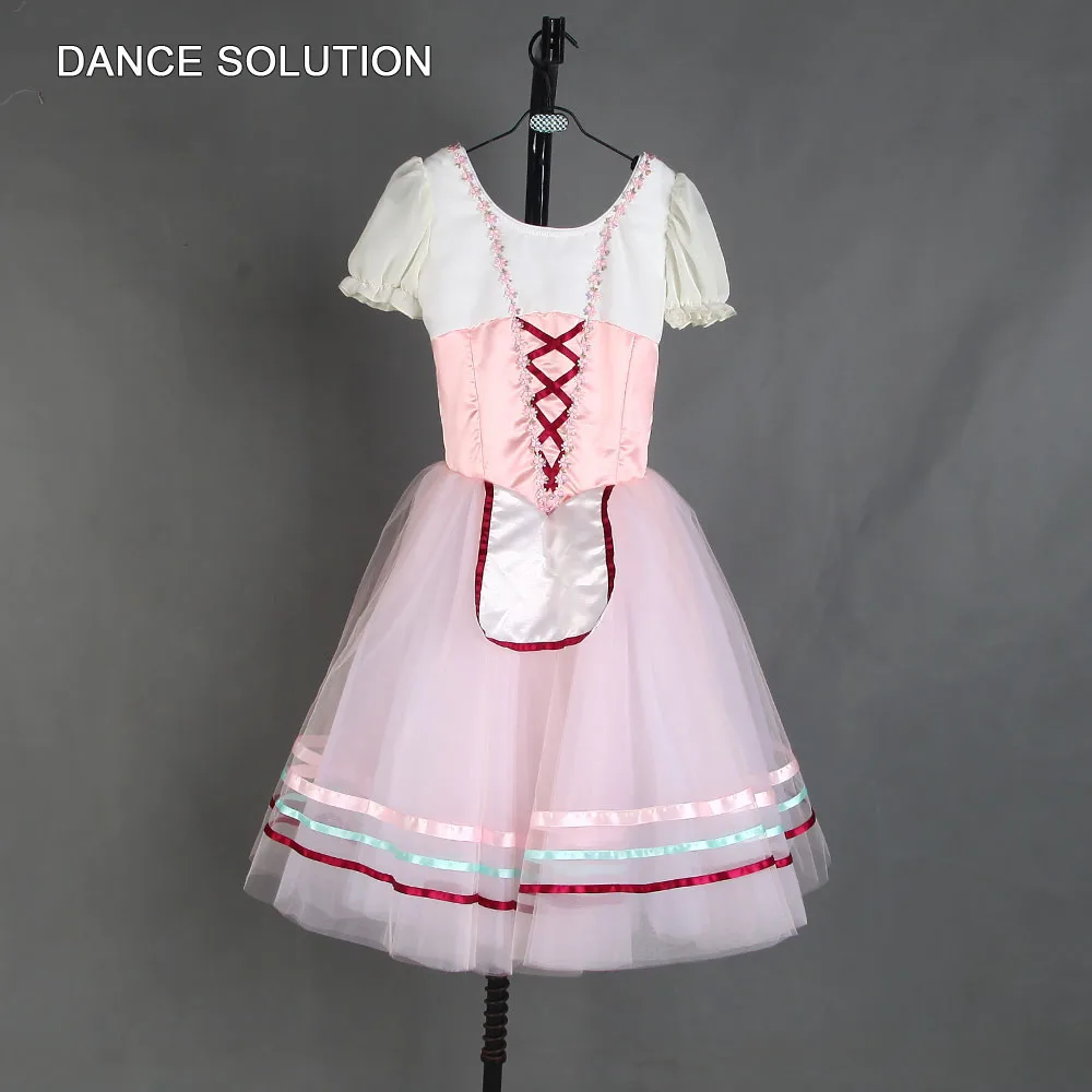 Pink Spandex Bodice with Short Puff Sleeves Professional Romantic Ballet Tutu Dress Women & Girls Competition Costumes B21075