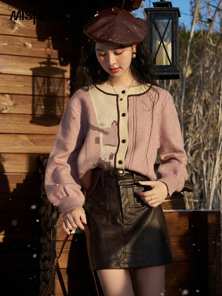 MISHOW Lantern Sleeve Sweater Cardigan Women Autumn Winter Graphic Loose Knitwear Female Vintage Knitted Jumpers MXC56Z0274