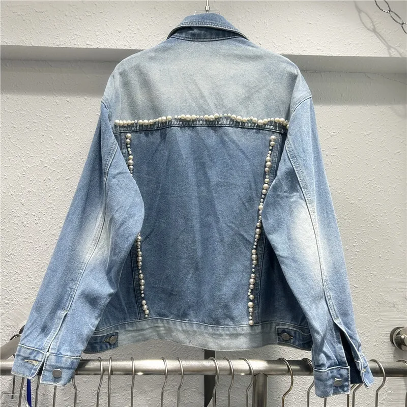 Spring Women Casual Heavy Work Beaded Denim Jacket Vintage Washed Blue Black Lapel Long Sleeve Jeans Jackets Female Streetwear