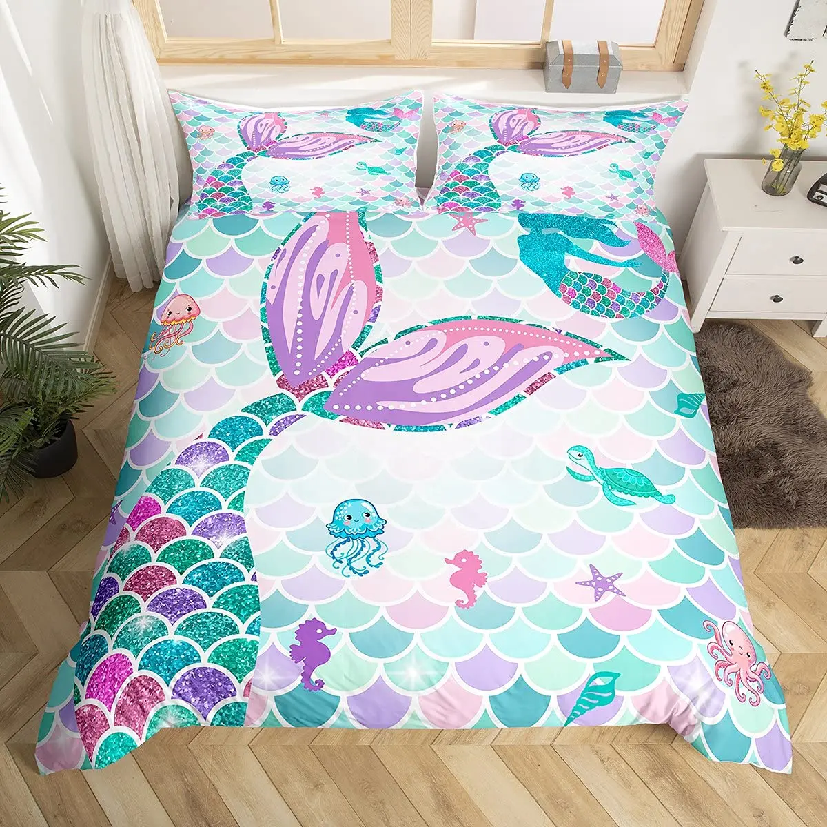 Pink Mermaid Bedding Set Comforter Twin for Kids, Glow in The Dark Mermaid Bedding Sets with Decor Pillow,3 Pieces Girls Bed Set