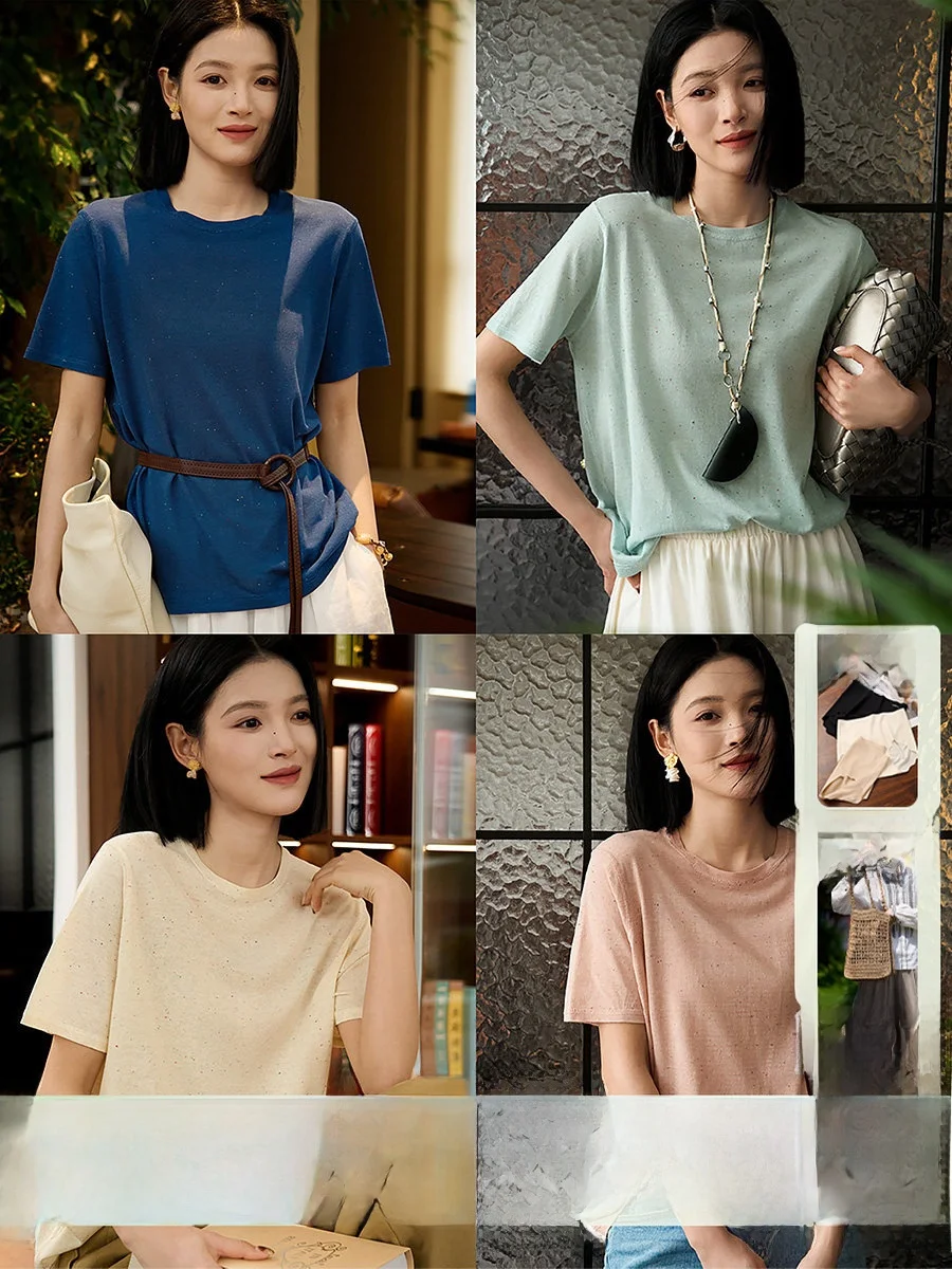 

Cleanfit Knitted T-irt Women's Summer Casual Loose Fit ort Sve Silk Linen Top Breathable Comfortable round Ne Tee