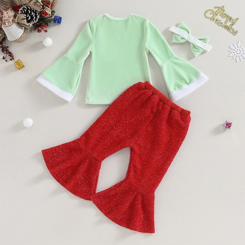 

Girls Christmas 3PCS Pants Sets Long Sleeve Heart Print Tops Solid Color Flared Pants Headband Sets