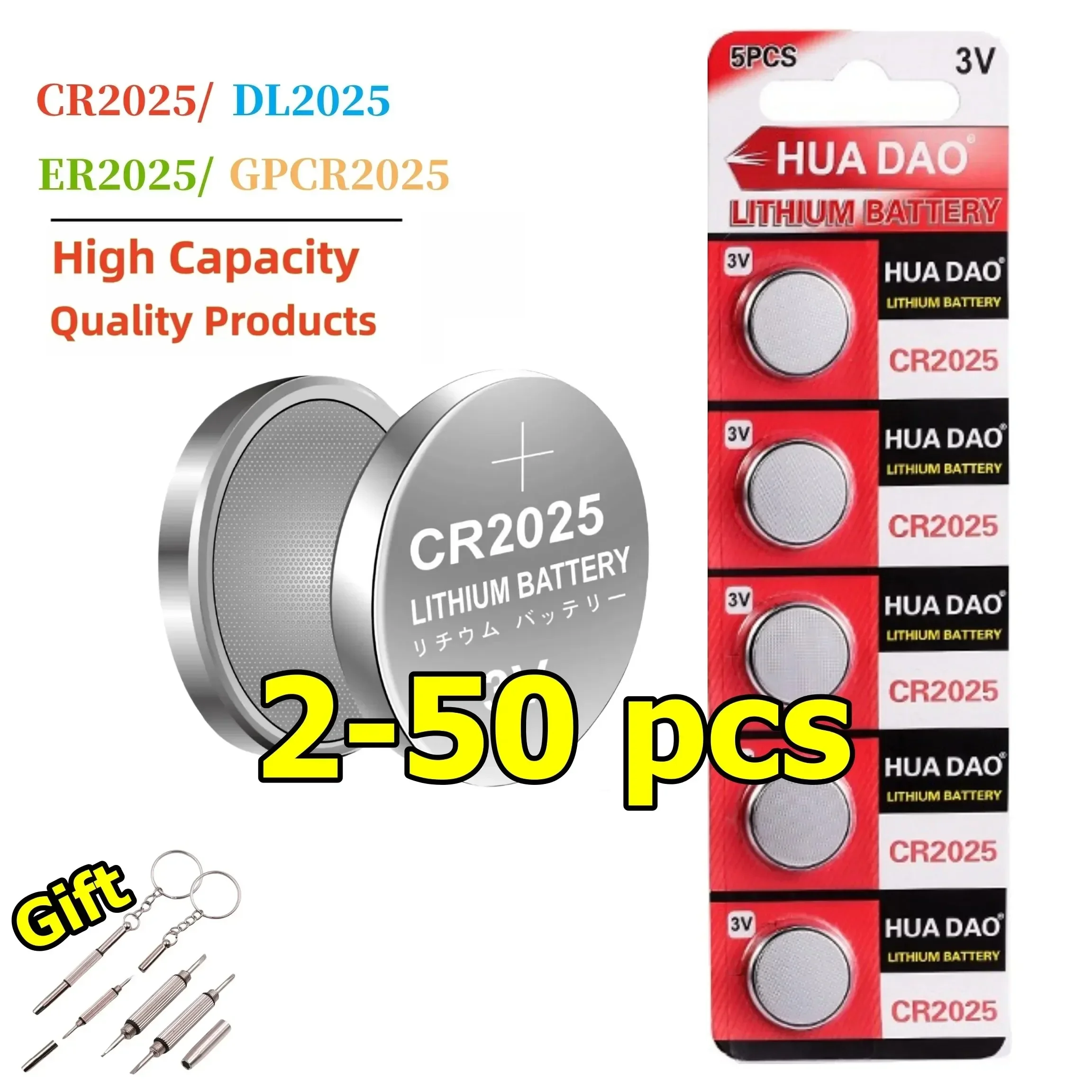 Batería de moneda de litio CR2025, 2 a 50 Uds., Ultra alta capacidad con salida potente, tecnología especial para TV, control remoto, relojes Fob de coche, 3V