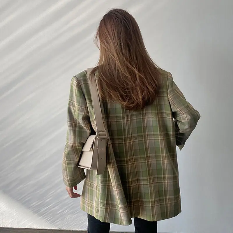 Vintage Loose Women Plaid Blazer 2023 Autumn Chic Double Breasted OL Female Long Sleeve Suit Jackets Oversized Blazers Long