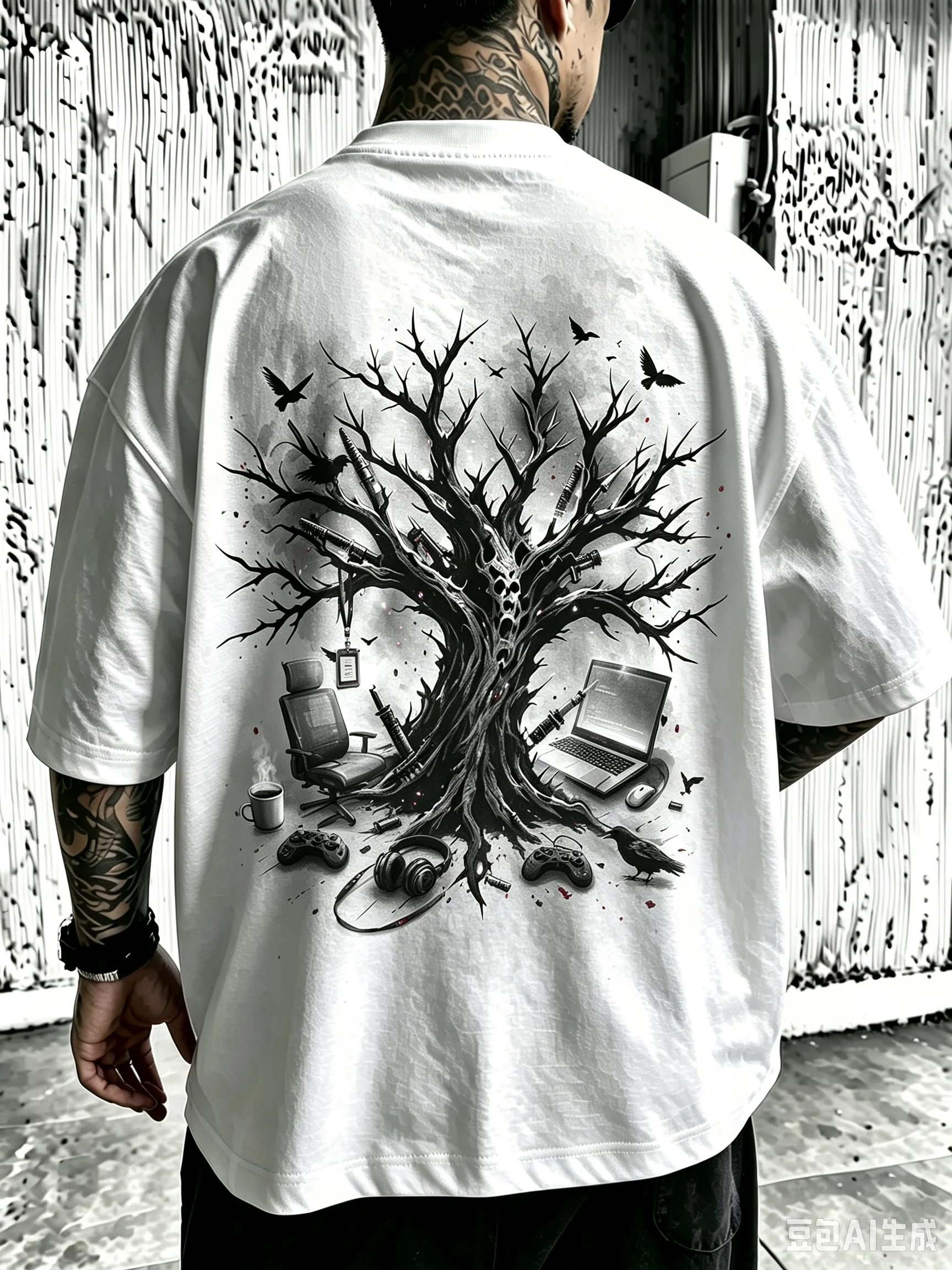 Men Women Unisex Oversized Cotton Tshirt, Gothic Dead Tree Crow Game Controller Office Chair Laptop Back Print Tee, Dark Aesthetic Gamer Tech Street Fashion Casual Short Sleeve Tops
