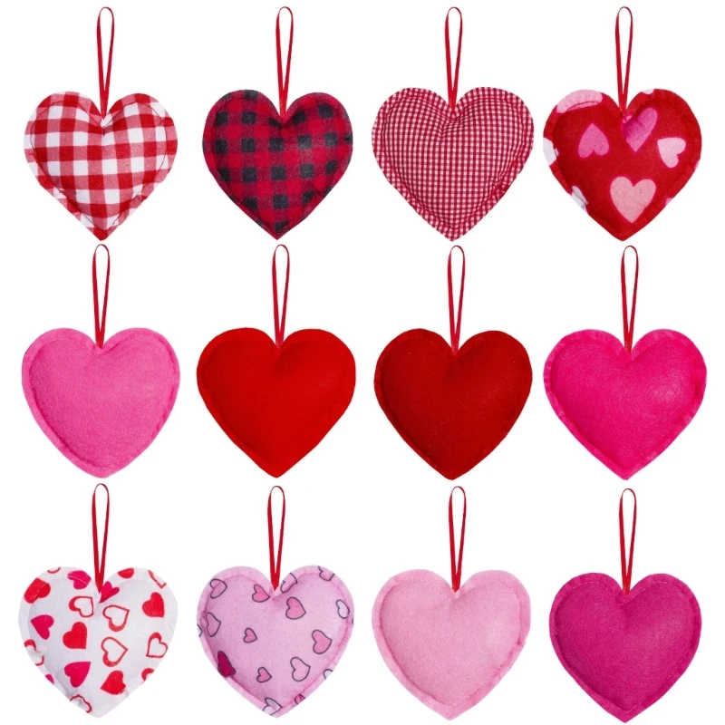 

Plaids Check Fabric Heart Hanging Ornaments 12Pieces Set for Valentines Day DIY