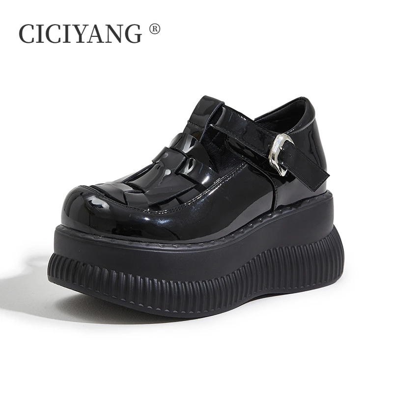 CICIYANG Roman Sandals for Women's Summer 2024 New Ladies Baotou Hollow Loafers 9cm Wedges Platform Sandals Patent Leather Shoes