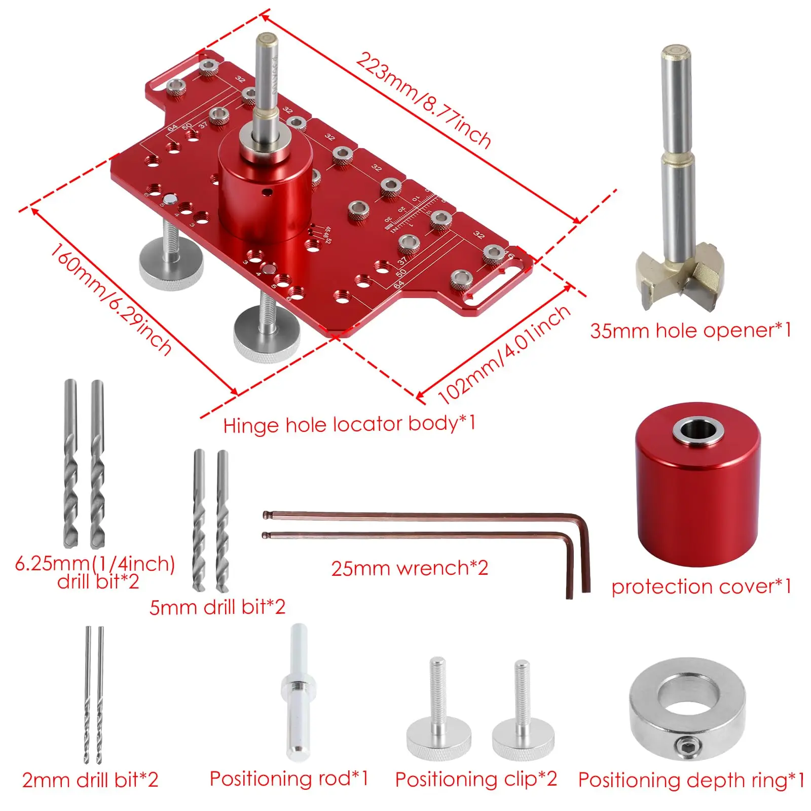 Shelf Hole Jig Concealed Hinge Jig 3-in-1, Shelf Pin Drilling Jig Aluminum Alloy Cabinet Hinge Jig with 35mm Hole Drill Bits