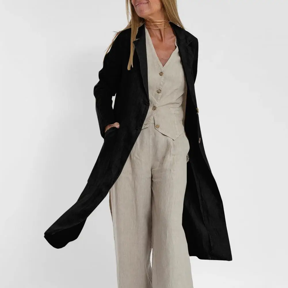 Trench coat frontal aberto de comprimento médio respirável feminino, casaco longo, cardigã elegante, lapela, bainha dividida, cardigã