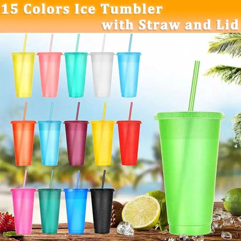 Glitter Reusable Plastic Cup with Straws and Lids Water Bottle Iced Coffee Mug for Birthday Party Travel 24 oz (random color)