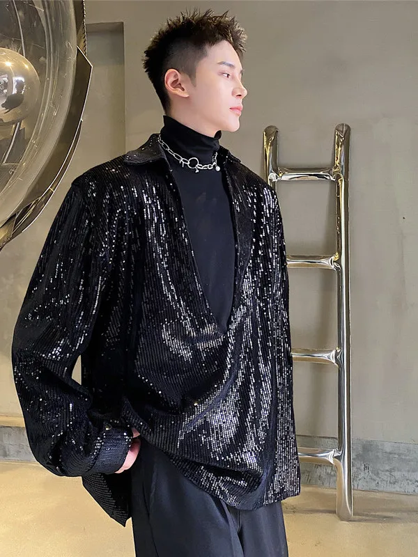 

Sparkling Deep V-Neck Party Shirt Fashionable Show Style Sequin Bar Club Dance Top Trendy Youthful Loose Fit Long Sleeve