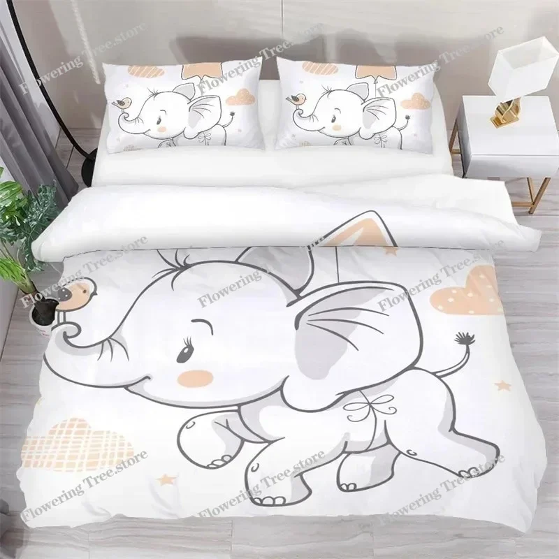 Kids Cartoon Elephant Duvet Cover Lovely Animal Theme Bedding Set Full For Girls Boys Kawaii Room Decor Microfiber Quilt Cover