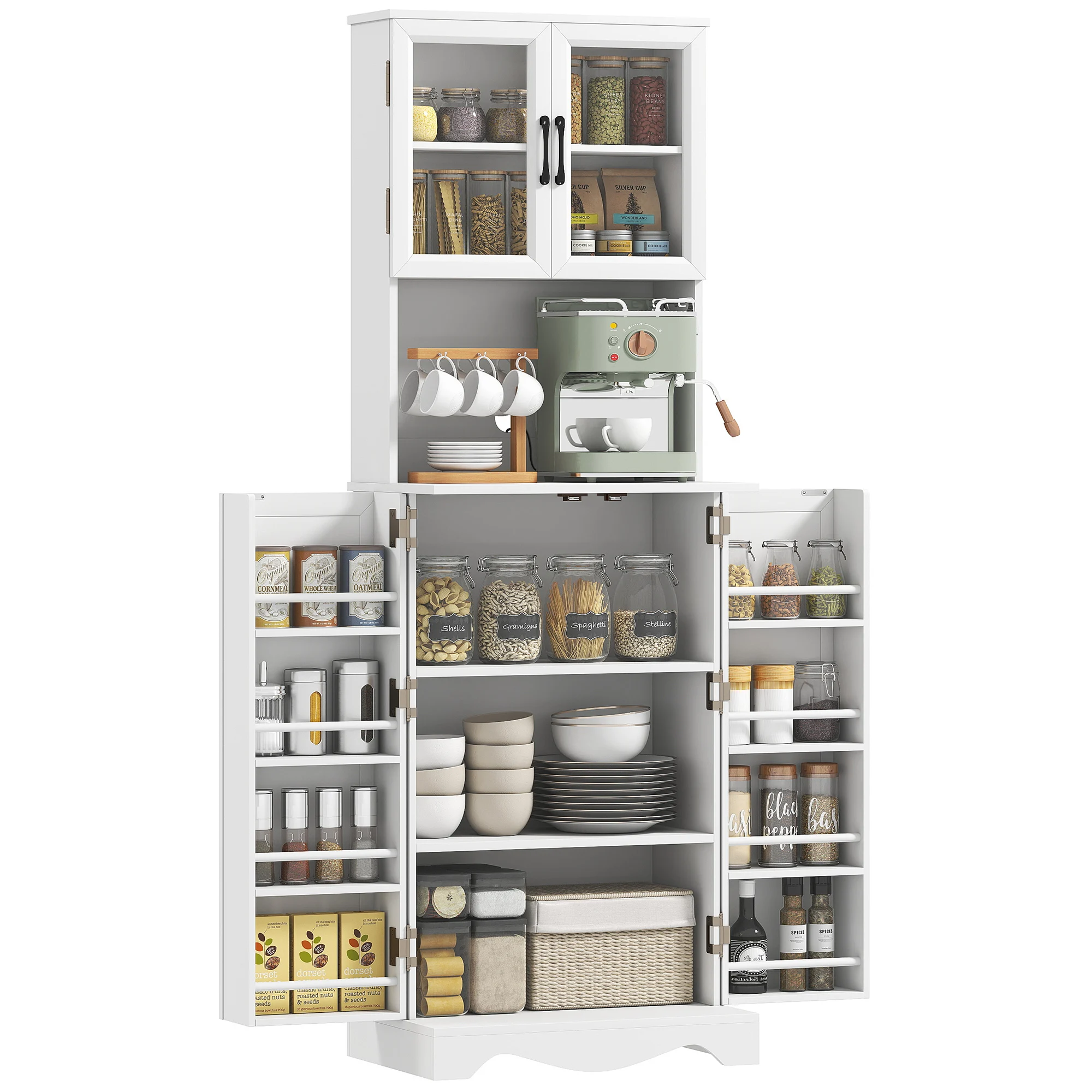 HOMCOM Buffet haut cuisine, armoire de cuisine, vaisselier vitrine, 4 portes, 8 porte-épices, plan de travail, étagère réglable,