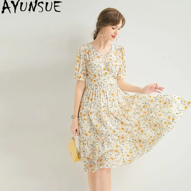 

100% Real Mulberry Silk Dress Elegant and Pretty Women's Dresses Summer Dress 2024 V-neck Cake Dresses Woman Clothing Printing