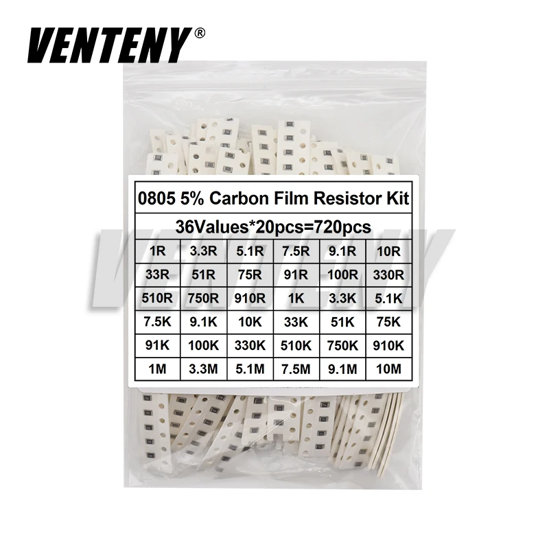 720pcs 5% 0603 0805 1206 SMD Chip Resistor Assorted Kit 1 ohm - 10M 36valuesX20pcs=720pcs Resistance Sample set